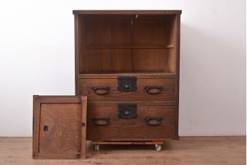 和製アンティーク　明治期　ケヤキ材の杢目が魅力的な帳場箪笥(時代箪笥、収納箪笥)(R-047674)