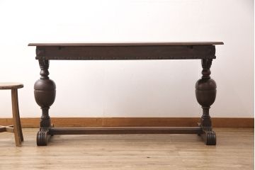 イギリスアンティーク　球根型の脚が目を引く、オーク材製のエクステンションテーブル(ドローリーフテーブル、ダイニングテーブル)(R-047707)