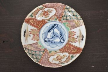 江戸期　古伊万里　富長貴春　色絵　湯呑・小皿セット(蕎麦猪口、和食器)(R-047727)