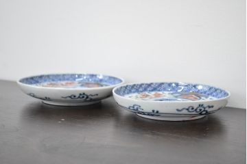 江戸期　古伊万里　富長貴春　小皿2枚(色絵、染付、和食器)(R-047728)