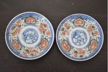 江戸期　古伊万里　富長貴春　小皿2枚(色絵、染付、和食器)(R-047728)