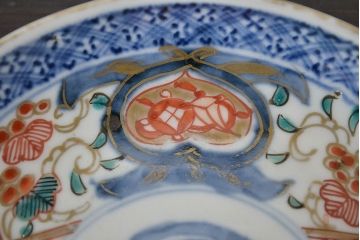 江戸期　古伊万里　富長貴春　小皿2枚(色絵、染付、和食器)(R-047728)