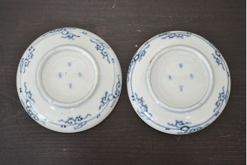 江戸期　古伊万里　富長貴春　小皿2枚(色絵、染付、和食器)(R-047728)