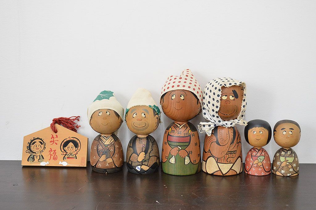 秋田　三浦節子　創作こけし6体　絵馬1枚(わらしっこ)(R-047730)