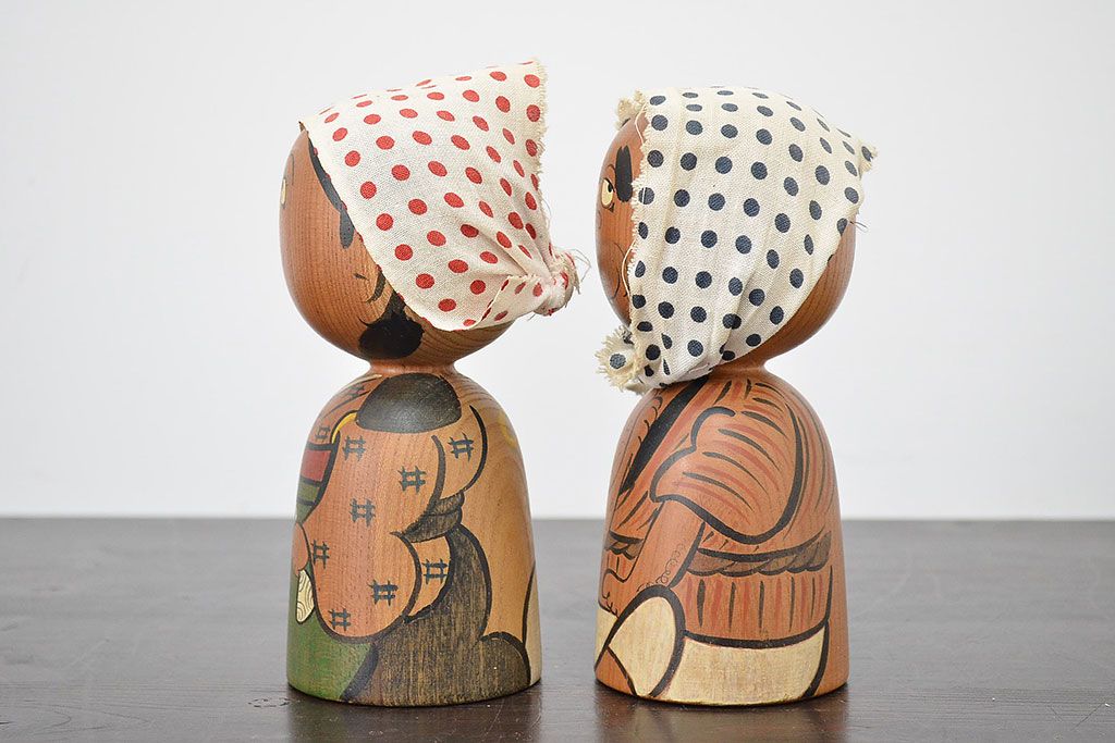 秋田　三浦節子　創作こけし6体　絵馬1枚(わらしっこ)(R-047730)