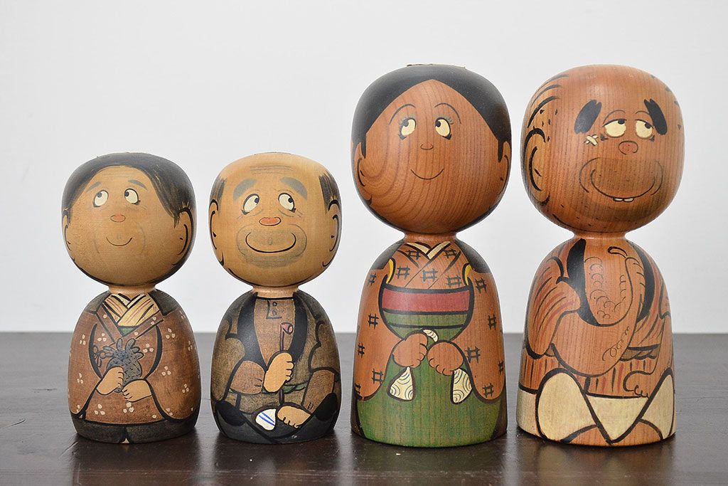 秋田　三浦節子　創作こけし6体　絵馬1枚(わらしっこ)(R-047730)