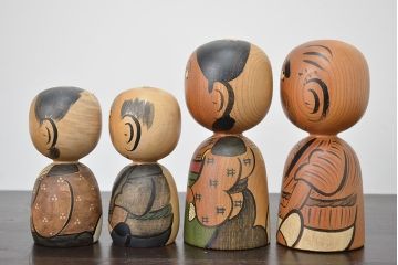 秋田　三浦節子　創作こけし6体　絵馬1枚(わらしっこ)(R-047730)