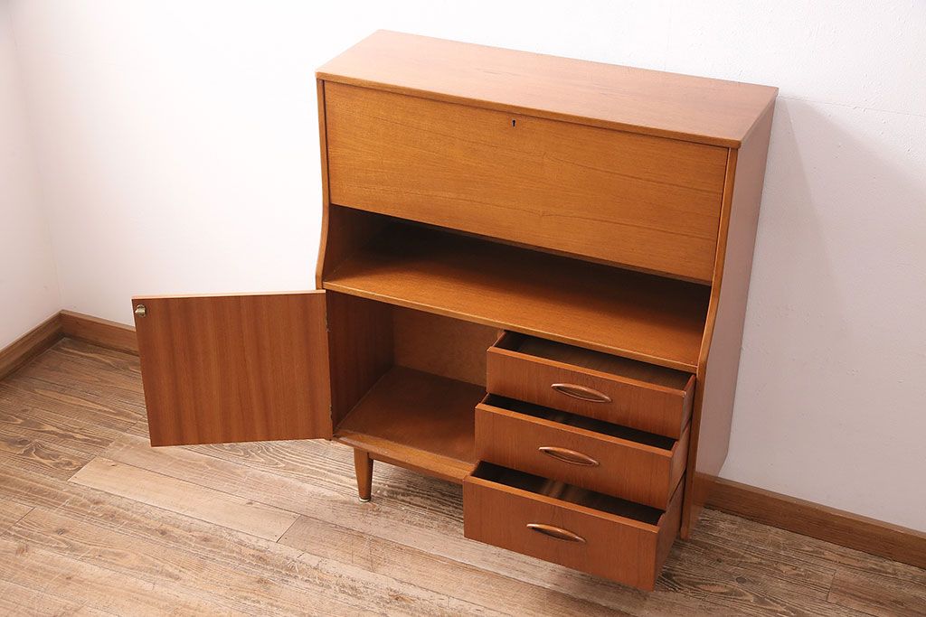 北欧ビンテージ　チーク材製　北欧生まれ!木の温もりを感じるライティングビューロー(デスク、簿記机、在宅ワーク、在宅用収納棚)(R-047800)