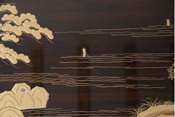 中古　輪島塗　縞黒檀材製　黒漆と蒔絵が美しい和の風情溢れるガラス天板付きの座卓(定価約180万円)(ローテーブル)(R-047841)