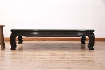 中古　輪島塗　縞黒檀材製　黒漆と蒔絵が美しい和の風情溢れるガラス天板付きの座卓(定価約180万円)(ローテーブル)(R-047841)
