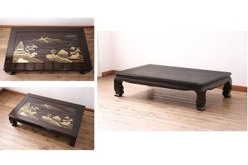 中古　輪島塗　縞黒檀材製　黒漆と蒔絵が美しい和の風情溢れるガラス天板付きの座卓(定価約180万円)(ローテーブル)(R-047841)