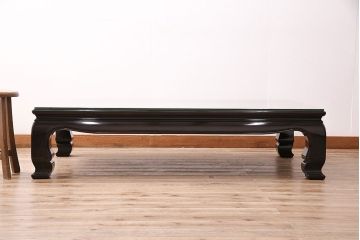 中古　輪島塗　縞黒檀材製　黒漆と蒔絵が美しい和の風情溢れるガラス天板付きの座卓(定価約180万円)(ローテーブル)(R-047841)