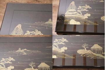 中古　輪島塗　縞黒檀材製　黒漆と蒔絵が美しい和の風情溢れるガラス天板付きの座卓(定価約180万円)(ローテーブル)(R-047841)