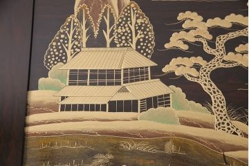 中古　輪島塗　縞黒檀材製　黒漆と蒔絵が美しい和の風情溢れるガラス天板付きの座卓(定価約180万円)(ローテーブル)(R-047841)