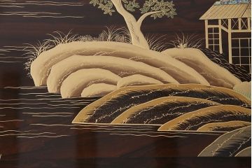 中古　輪島塗　縞黒檀材製　黒漆と蒔絵が美しい和の風情溢れるガラス天板付きの座卓(定価約180万円)(ローテーブル)(R-047841)