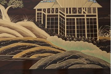 中古　輪島塗　縞黒檀材製　黒漆と蒔絵が美しい和の風情溢れるガラス天板付きの座卓(定価約180万円)(ローテーブル)(R-047841)