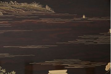 中古　輪島塗　縞黒檀材製　黒漆と蒔絵が美しい和の風情溢れるガラス天板付きの座卓(定価約180万円)(ローテーブル)(R-047841)