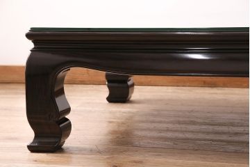 中古　輪島塗　縞黒檀材製　黒漆と蒔絵が美しい和の風情溢れるガラス天板付きの座卓(定価約180万円)(ローテーブル)(R-047841)