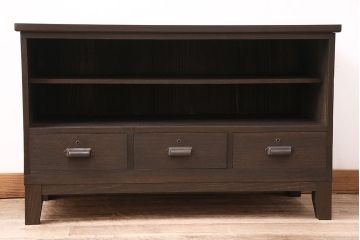 和製アンティーク　当店オリジナル模様のガラス入り!味わい深い前面桐材製の箪笥ローボード(収納棚、テレビ台、テレビボード)(R-047842)