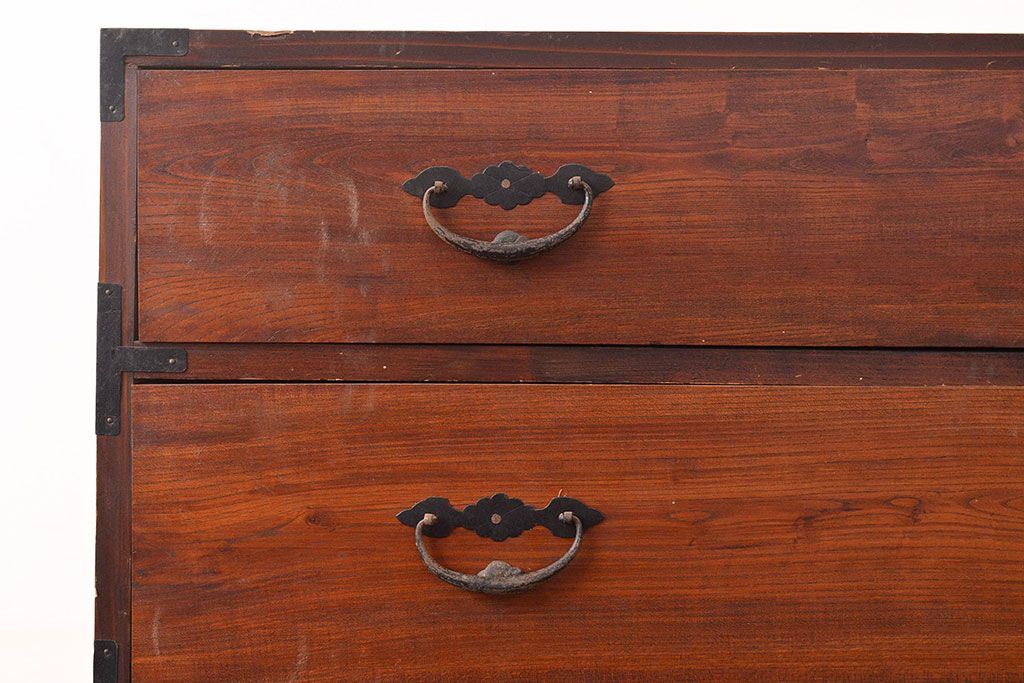 和製アンティーク　前面ケヤキ材　鶴亀金具　時代の風情が漂う二本松箪笥(重ね箪笥、衣装箪笥、整理箪笥、引き出し)(R-047855)