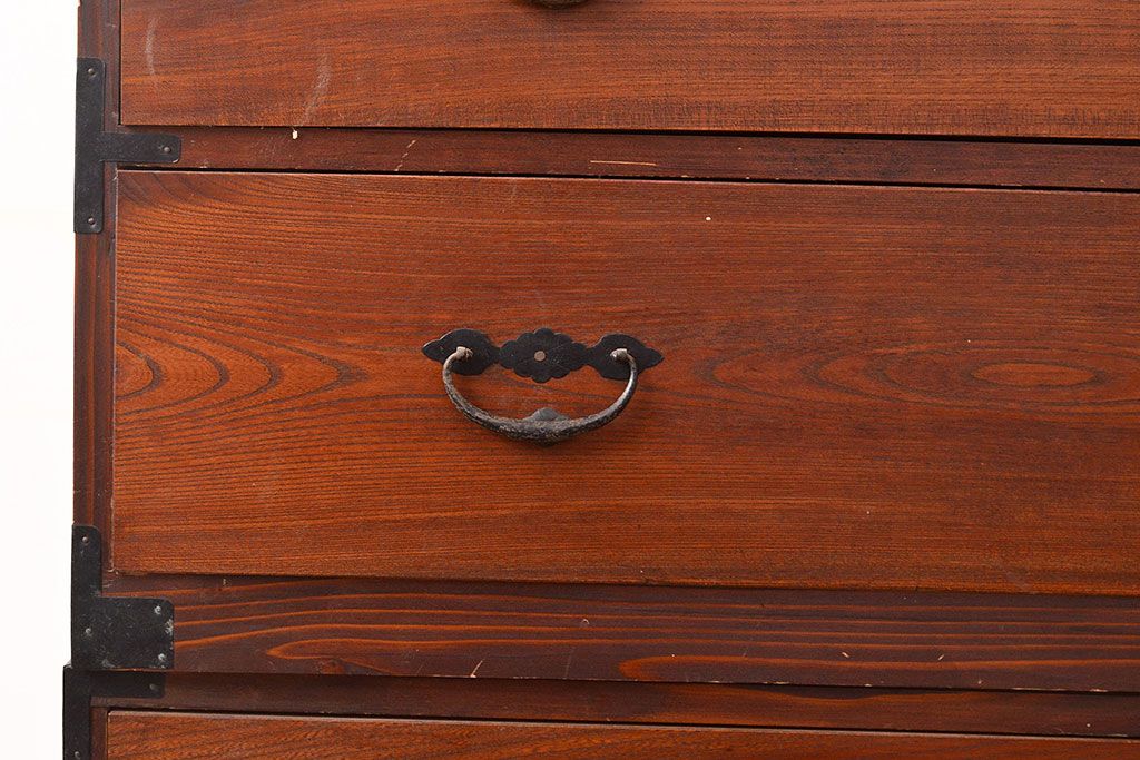 和製アンティーク　前面ケヤキ材　鶴亀金具　時代の風情が漂う二本松箪笥(重ね箪笥、衣装箪笥、整理箪笥、引き出し)(R-047855)