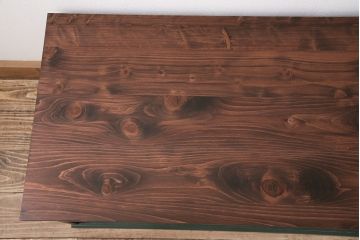 ペイント家具　昭和初期　天板ヒノキ材　当店オリジナルガラス　ダークグリーンと市松模様ガラスの組み合わせが格好いいローボード(収納棚、テレビ台、テレビボード)(R-047869)