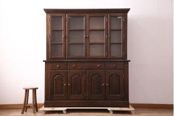 中古　松本民芸家具　シックなデザインが高級感漂うF型食器棚(カップボード、飾り棚、収納棚、戸棚、本箱、ブックケース、キャビネット、上下バラ売り可能)(R-047881)