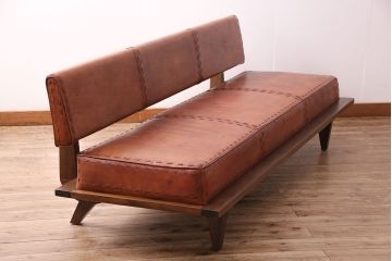 中古　海外　輸入家具　ステッチがお洒落な本革の3人掛けソファ(三人掛けソファ、トリプルソファ)(R-047883)