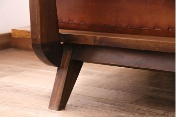 中古　海外　輸入家具　ステッチがお洒落な本革の3人掛けソファ(三人掛けソファ、トリプルソファ)(R-047883)