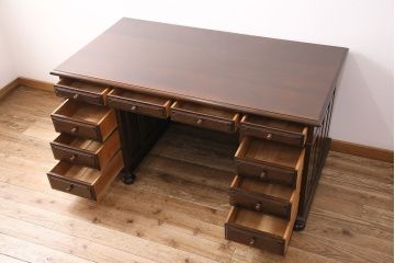 ヴィンテージ　松本民芸家具　希少!脚のデザインが特徴的なH型両袖机(定価約78万円)(両袖デスク、机、在宅ワーク、在宅用ワークデスク、ビンテージ)(R-047932)