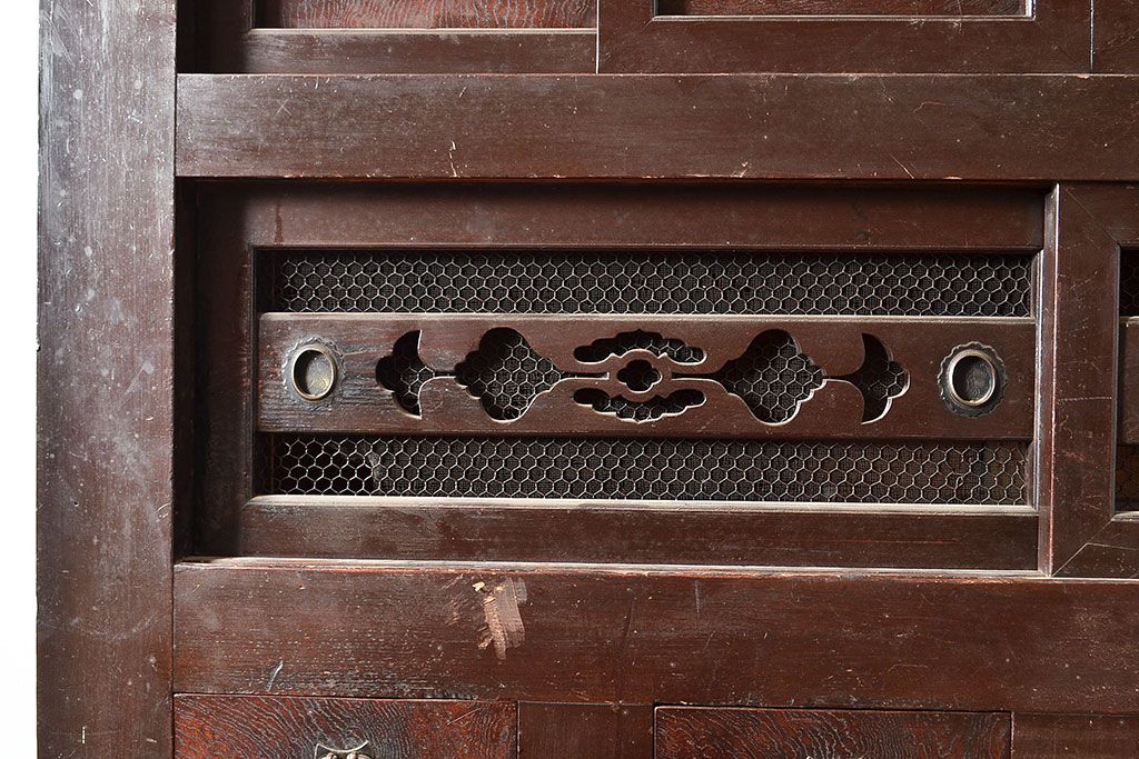 和製アンティーク　前面ヒノキ材・ケヤキ材　5尺が珍しい!年月を経た味わいが楽しめる明治期の水屋箪笥(五尺、重ね箪笥、収納棚、食器棚、キャビネット)(R-047968)