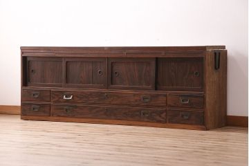 和製アンティーク　黒田箪笥店　希少な黒檀材を前面に使用した上品なテレビ台(サイドボード、ローボード、リビングボード)(R-047972)