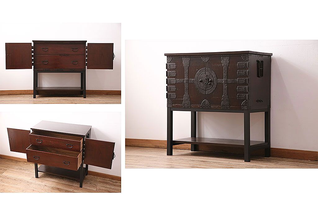 和製アンティーク　当店リメイク　桐材　十字金具の風合いが味わい深い、観音開きの時代箪笥サイドボード(引き出し)(R-047980)