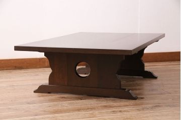 中古　松本民芸家具　ナラ材　洗練された佇まいが魅力の#10型折りたたみ座卓(ちゃぶ台、ローテーブル)(R-048006)