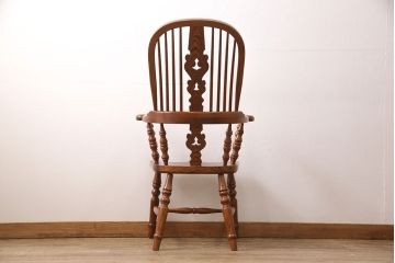 中古　松本民芸家具　ケヤキ材製　木の温もりを感じる上品なボウバックウィンザーチェア(ダイニングチェア、椅子、アームチェア、ウインザーチェア)(R-048093)