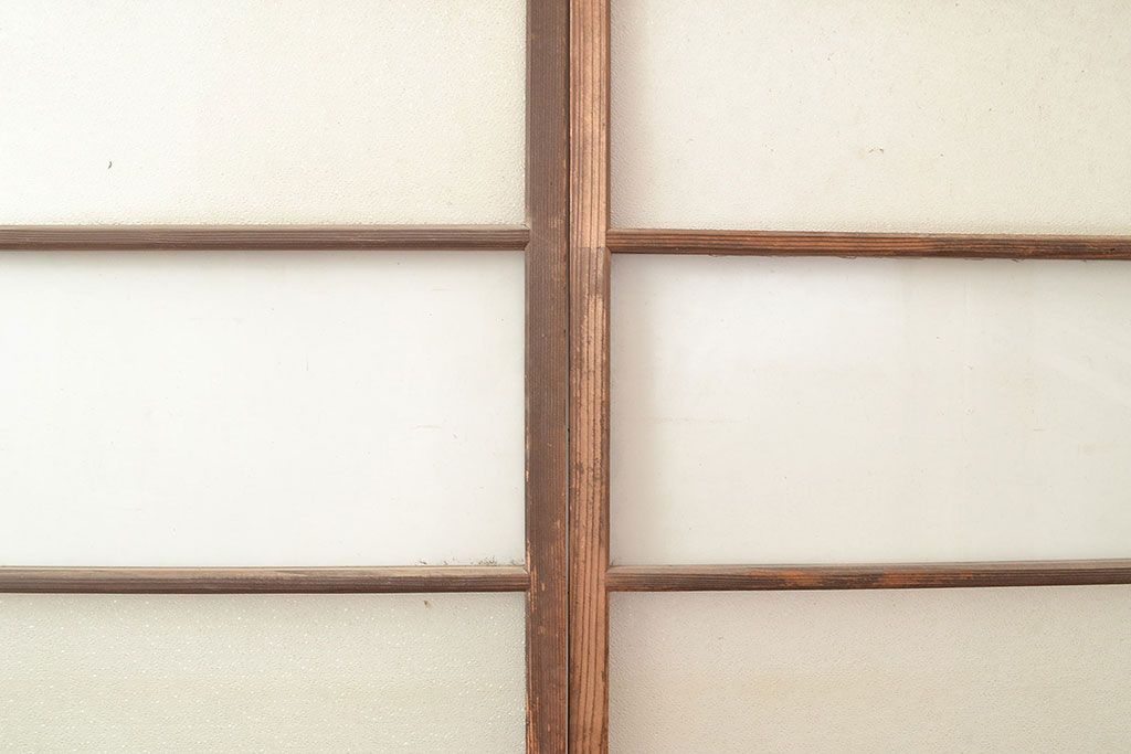 和製アンティーク　ダイヤガラス・すりガラス　光を優しく取り込む、ノスタルジックな雰囲気のガラス戸2枚セット(引き戸、建具)(R-048123)