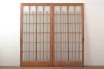 和製アンティーク　ヒノキ材　奥深い味わいが感じられるガラス戸2枚セット(引き戸、玄関戸、建具)(R-048124)