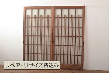 和製アンティーク　ヒノキ材　奥深い味わいが感じられるガラス戸2枚セット(引き戸、玄関戸、建具)(R-048124)