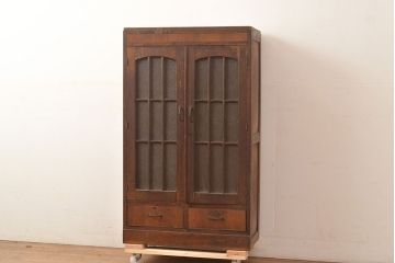 和製アンティーク　ダイヤガラス入り!大正ロマンやレトロスタイルのお部屋におすすめのガラス戸棚(本箱、ブックケース、収納棚)(R-048147)