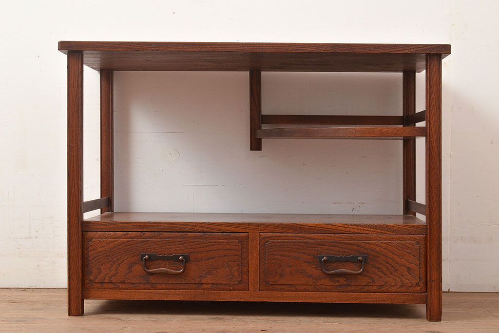 和製アンティーク　総ケヤキ材　漆塗り　両面使いが出来る!和の趣を楽しめる飾り棚(棚)(R-048152)