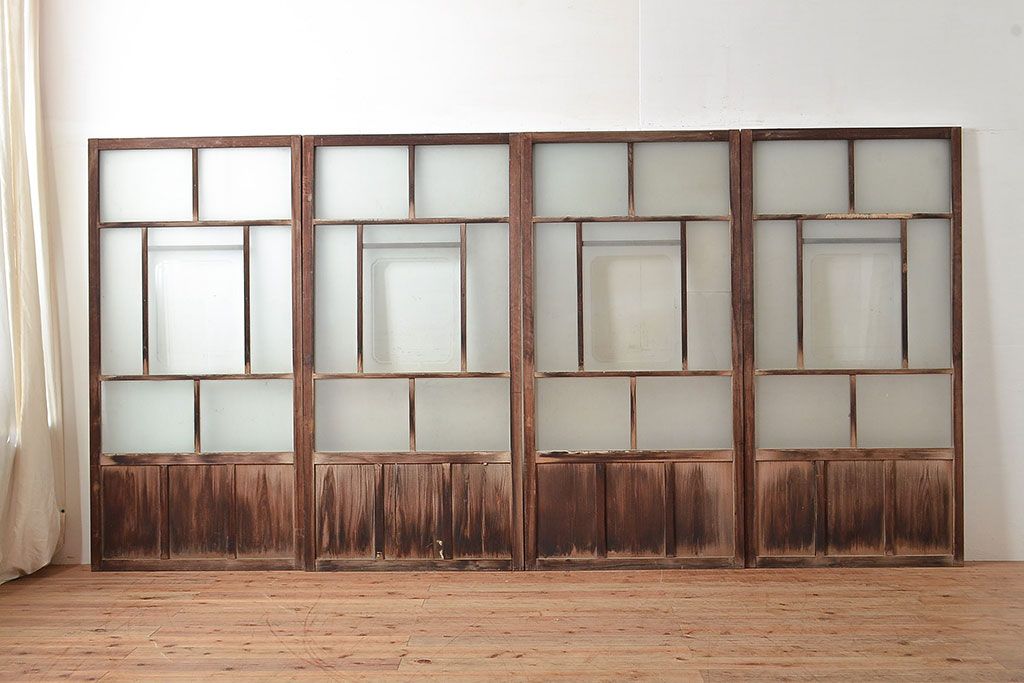 アンティーク建具　大正ロマンな雰囲気漂うガラス戸4枚セット(引き戸、玄関戸、建具)(R-048180)