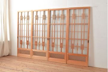 アンティーク建具　和の風情漂う組子入りがお洒落なガラス戸4枚セット(引き戸、建具)(R-048220)