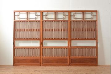 和製アンティーク　腰板桑材　珍しいデザインが目を引く裏ガラス入り格子戸3枚セット(引き戸、建具、ガラス戸)(R-048256)