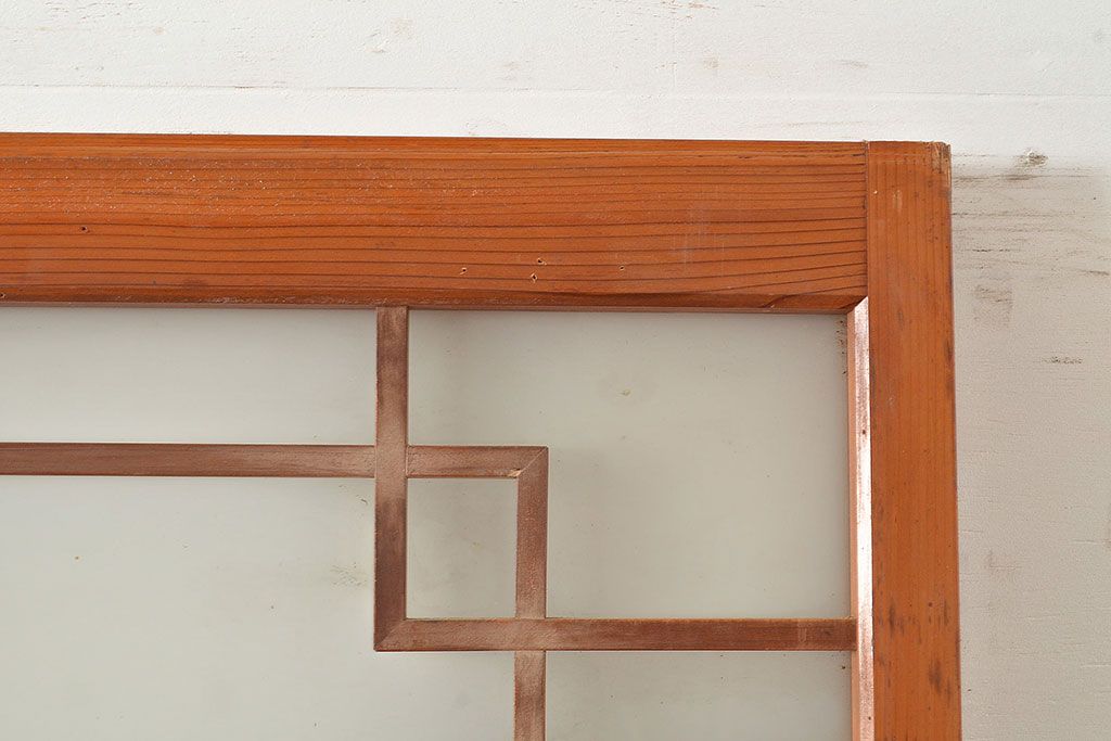 和製アンティーク　腰板桑材　珍しいデザインが目を引く裏ガラス入り格子戸3枚セット(引き戸、建具、ガラス戸)(R-048256)