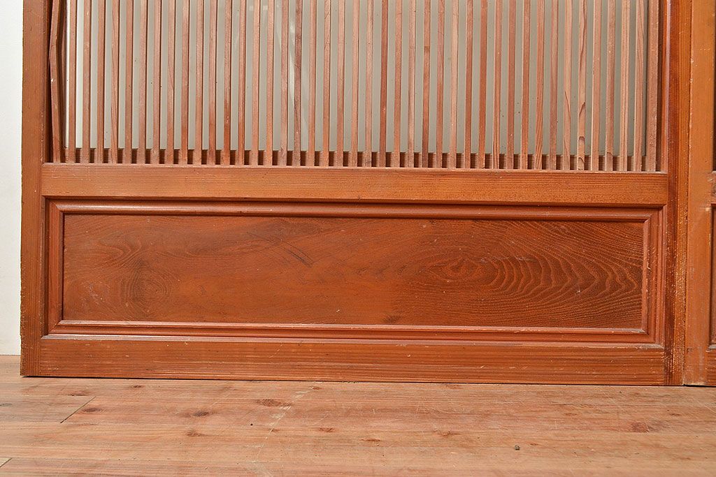 和製アンティーク　腰板桑材　珍しいデザインが目を引く裏ガラス入り格子戸3枚セット(引き戸、建具、ガラス戸)(R-048256)