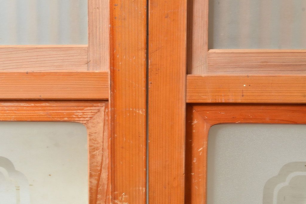 和製アンティーク　腰板桑材　珍しいデザインが目を引く裏ガラス入り格子戸3枚セット(引き戸、建具、ガラス戸)(R-048256)