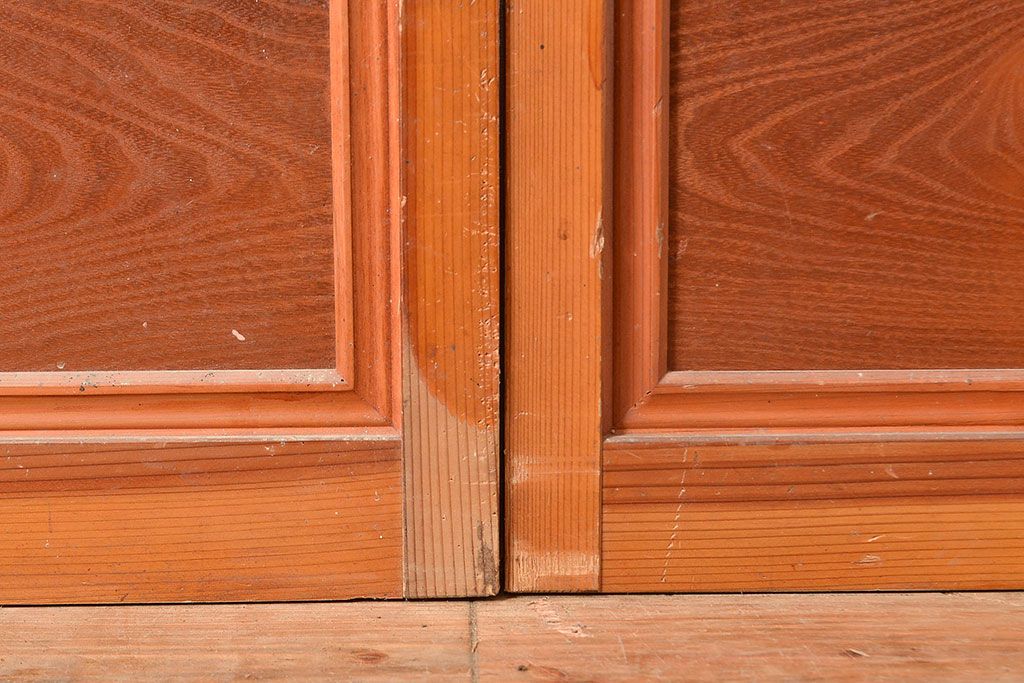 和製アンティーク　腰板桑材　珍しいデザインが目を引く裏ガラス入り格子戸3枚セット(引き戸、建具、ガラス戸)(R-048256)