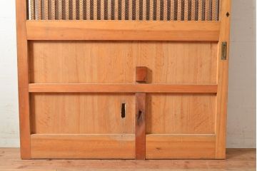 アンティーク建具　ヒノキ材　粋な和の雰囲気を盛り上げる亀甲金網付きの蔵戸(引き戸、玄関戸)(R-048263)