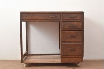 和製アンティーク　昭和中期　ナラ材　天板突板　レトロな片袖机(ワークデスク、平机、在宅ワーク、在宅用学習机)(R-048322)