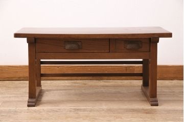 和製アンティーク　天板にケヤキの一枚板を使用した、上品な佇まいの文机(座卓、ローテーブル、センターテーブル)(R-048327)